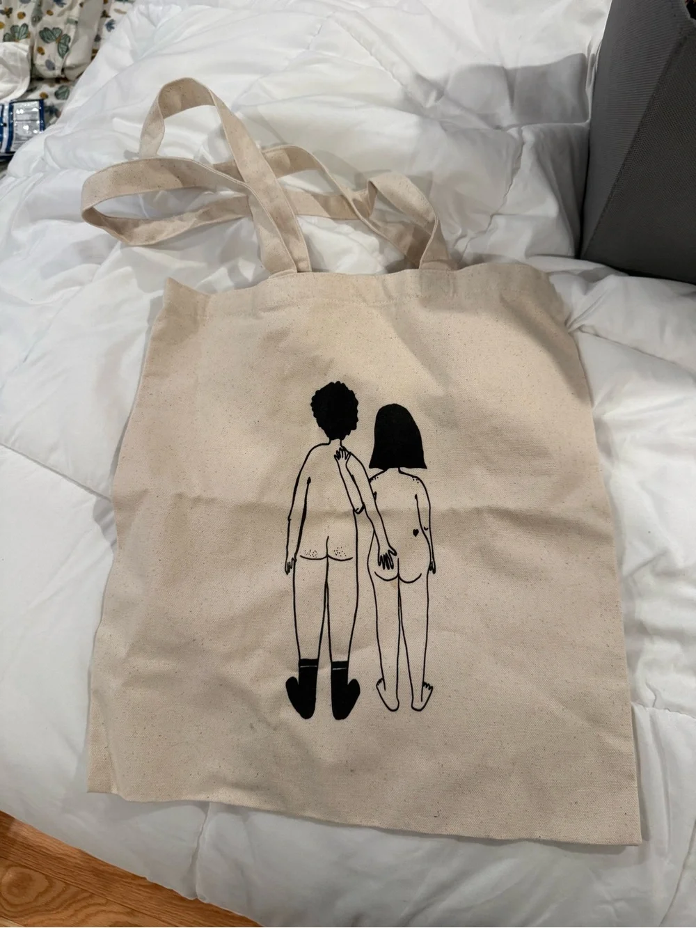 Natural Canvas Tote with Minimalist Couple Illustration - Nude Print